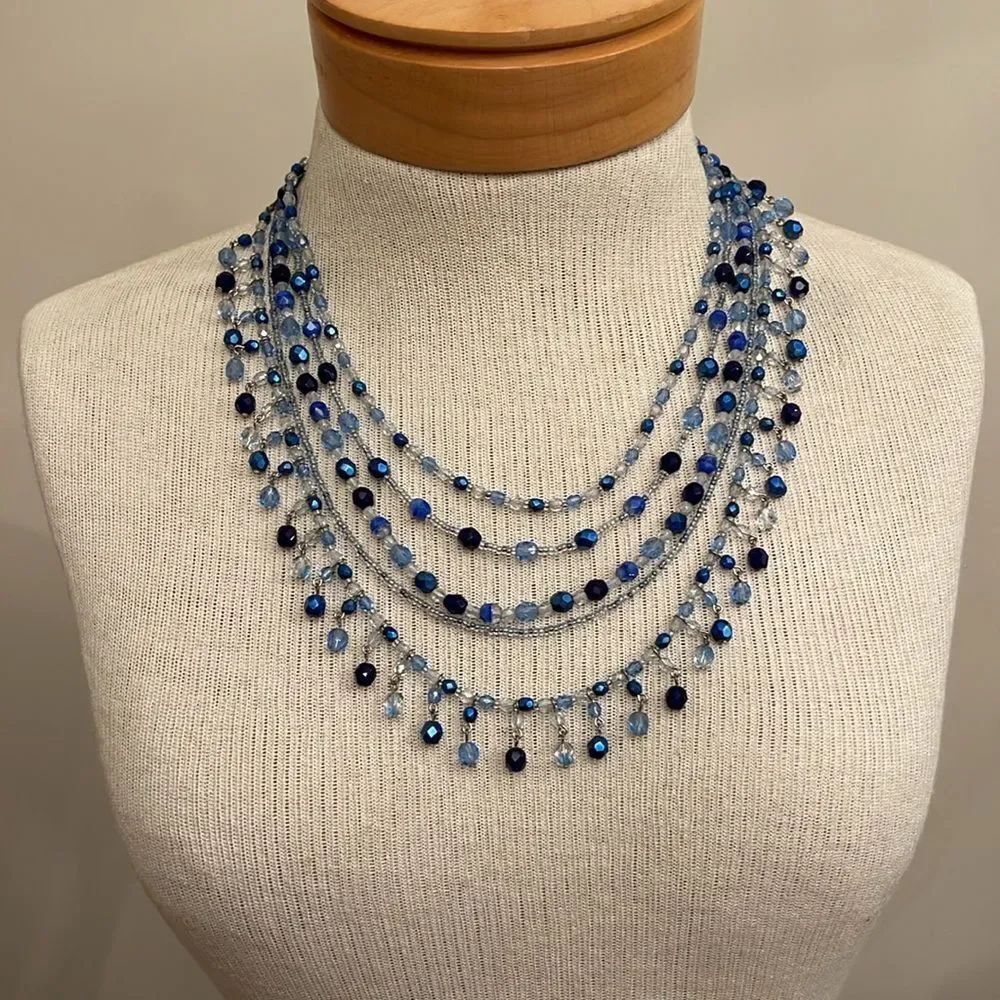 Vintage CZECH REPUBLIC 5 Strand Bib Statement Necklace Blue Cut Glass Beads - Picture 6 of 15